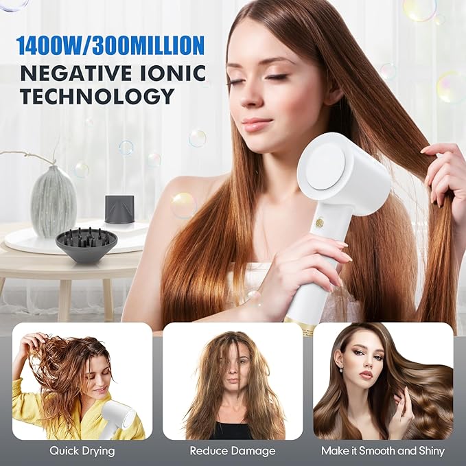Hair Dryer, Ionic Blow Dryer with Diffuser,High Speed Brushless Low Noise Small Hairdryer, Lightweight/Compact/Mini Design,110V Use for Home/Travel, Suitable for All Hair Types Women, Men