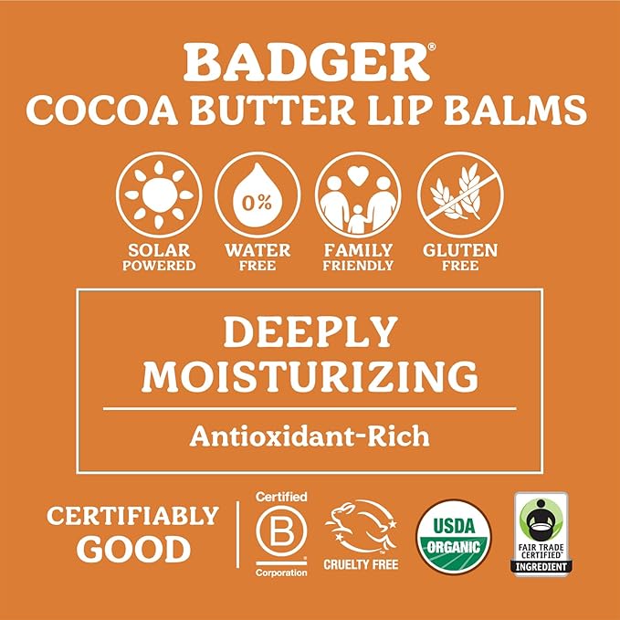 Badger Sweet Orange Cocoa Butter Lip Balm, 100% Organic Lip Balm, Hydrating Long Lasting Lip Moisturizer, Large Stick Lip Care, 4-pack