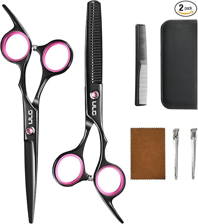 ULG Hair Cutting Scissors Thinning Shears Kit Professional Barber Hairdressing Texturizing Salon Razor Edge Scissor Japanese Stainless Steel 6.5 inch Black