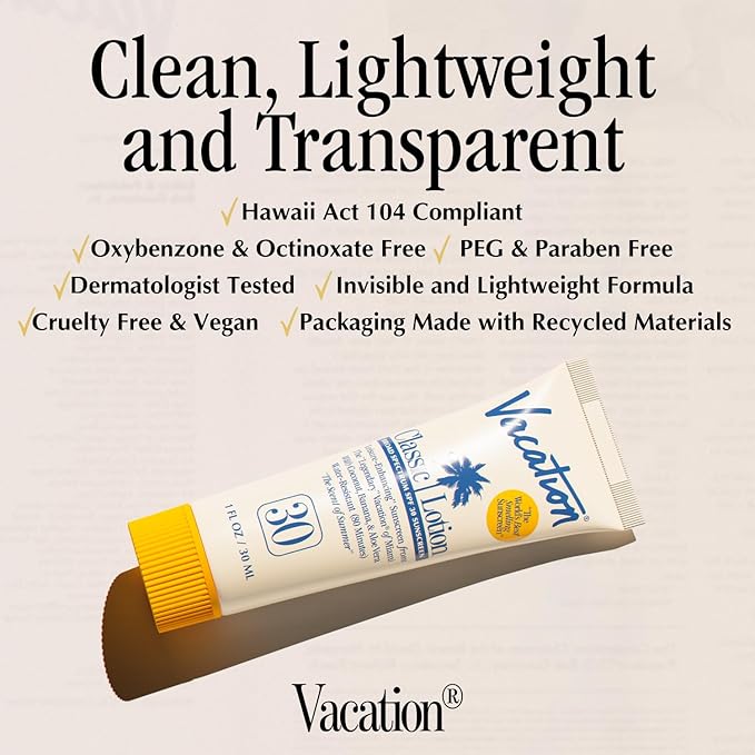 Vacation Mini Classic Sunscreen SPF 30, Water-Resistant, Bulk Suntan Lotion, Bachelorette Party Favors, Beach Must Haves, Traveling Essentials, Travel Size, 1 Fl. Oz. (Value Pack of 12)