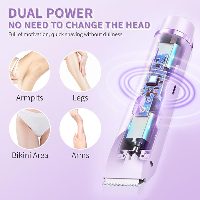 2-in-1 Bikini Trimmer & Shaver for Women, All-in-One Rechargeable Electric Razor for Body & Face, Dual Head Design for Pubic, Underarm, Leg, Chin Hair Removal, IPX7 Waterproof(Purple)