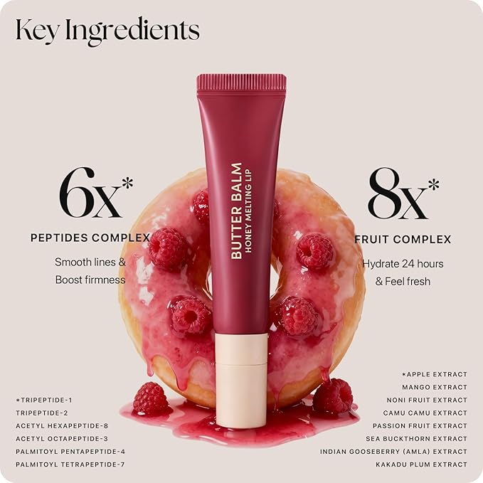 Nature Republic Honey Melting Lip Butter Balm – Moisturizing Tinted Plumping Lip Balm with Peptides, for Sheer & Glossy, Fuller-Looking Lips, Stocking Stuffers (RASPBERRY GLAZE)