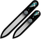 Mont Bleu Set of 2 Glass Nail Files Hand Decorated with Crystals - in Black Velvet Sleeve - Genuine Czech Tempered Glass - Birthday Gifts for Women - Crystal Nail Files for Natural Nails