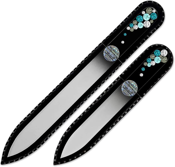 Mont Bleu Set of 2 Glass Nail Files Hand Decorated with Crystals - in Black Velvet Sleeve - Genuine Czech Tempered Glass - Birthday Gifts for Women - Crystal Nail Files for Natural Nails