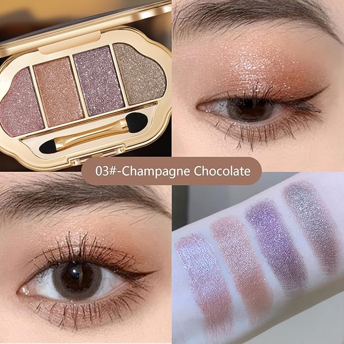 Nude Eyeshadow Palette 4 Colors, Champagne Chocolate Shimmer Matte Nude Eye Shadow Quad, Smooth Long-Lasting Highly Pigmented Formula, Easy for Beginners, Ideal for Daily Soft Glam Makeup, 3#