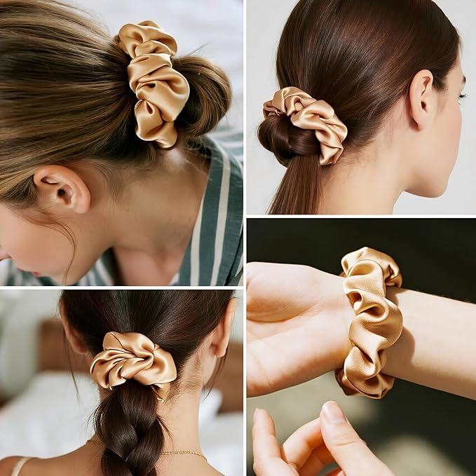 Silk Scrunchies for Women, 100% Mulberry Silk Hair Ties No Damage, Gentle No-Pull Elastic Ponytail Holders, 1Pc (Champagne Gold)