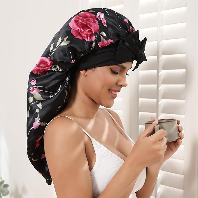 AWAYTR Long Satin Bonnet for Braids - Elastic Silk Hair Bonnets for Sleeping Night Cap Stretchy Tie Band for Women（Flower C）