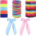 Hair Ties for women 5 styles Hair Elastics(15 No Damage Hair Ties 50 High Elastic Ties 15 Ponytail Holders 2 Bow Hair Clips 20 Snap Hair Clips) Pain-free No Crease multiple colors for all hair types