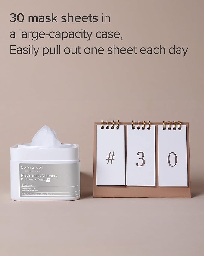 Mary&May Niacinamide Vitamin C Mask | 30 Sheets | Daily Korean Face Mask | Hydrates, Boosts Elasticity, Strengthens Skin Barrier & Reduces Dark Spots | Moisturizing & Firming Sheet Mask