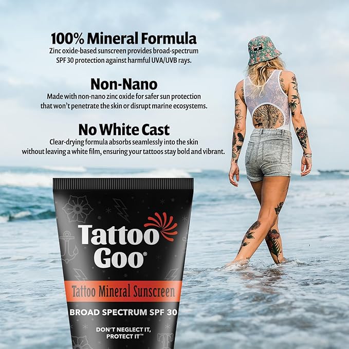 Tattoo Goo Zinc Oxide Mineral Sunscreen SPF 30 – Broad Spectrum UVA/UVB Protection, Tattoo Fade Shield, Non-Greasy, Fragrance-Free, 2 fl oz