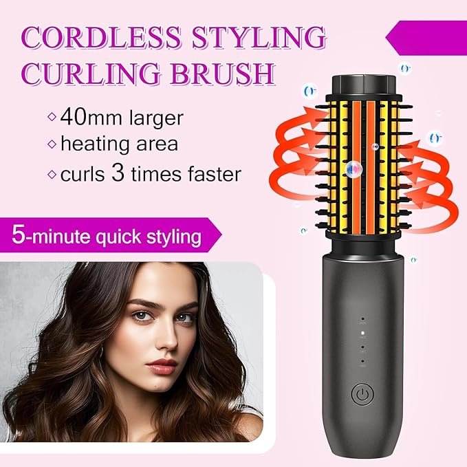 Mini Cordless Curling Iron Brush, Portable Hair Straightening Brush, Cordless Hair Curler Anti-Frizz with Negative Ions, 3-in-1 Crimper Hair Tool, Rechargeable Wave Curling Wand - Night Purple