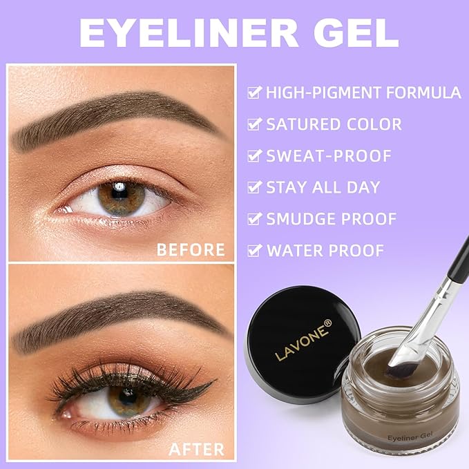 LAVONE Eyeliner Set - Waterproof Makeup Kit with Liquid eyeliner Pencil, Gel Eyeliner & Angled Eye liner Brush, Waterproof, Smudge Resistant, Long Lasting Formula - Ash Brown