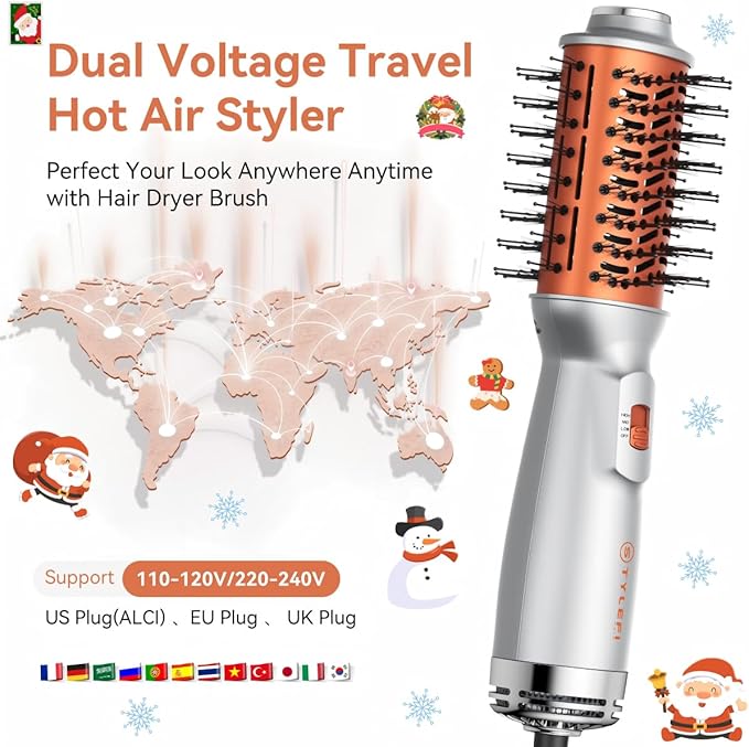 Travel Hair Dryer Brush, Double Voltage 100–240V 4-in-1 Hot Air Brush with 3 Heat & 2 Speed Settings for Drying, Straightening, Curling & Volumizing, Mini Ionic Thermal Blow Dryer Brush for Women