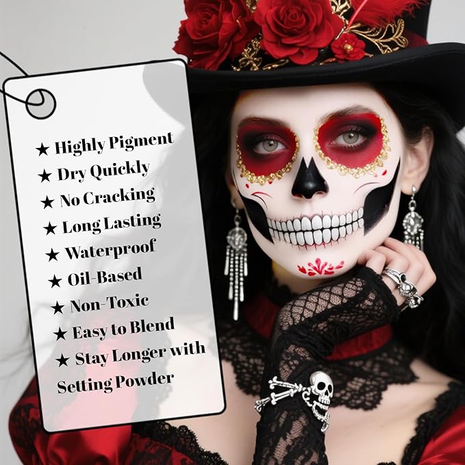 Black Red White Oil-Based Body Paint Palette, Waterproof Full Coverage SFX Makeup for Adult Halloween Cosplay Clown & Vampire Looks, Non-Toxic Face Paint for Theater Performance Costume Party