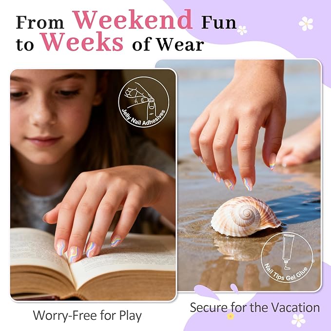 16 Sizes Press on Nails Kit for Kids - 32 Pieces French Almond Fake Nail Tips for Girls 8-12 Years Old with Jelly Nail Adhesives & No-Lamp Nail Glue, Birthday Christmas Gifts (Rainbow Flower)