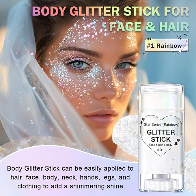 Sparkling Rainbow Body Glitter Stick, Face Body Glitter Gel Holographic Hair Glitter Halloween Chunky Sequin Waterproof Face Paint Stick Glitter Makeup for Women