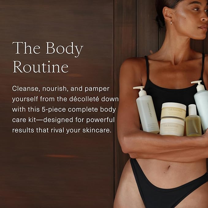 Oak Essentials The Body Routine Set | 5-Step Spa Kit with Blue Tansy Body Lotion, Body Oil, Wash, Scrub & Balm for Hydrated Skin