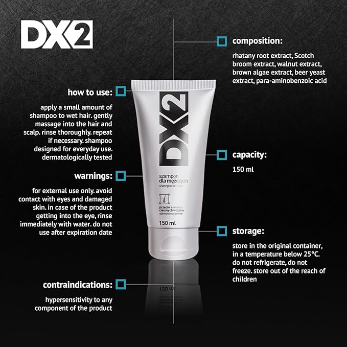 DX2 - Prevent Grey Shampoo for Men - Gradual Restoration of Dark Color, Daily Wash to Protect Follicle Pigmentation - 150ml