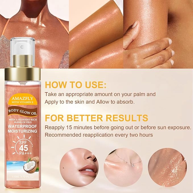 Body Glow Oil, SPF 45 PA+++, Sunscreen Body Oil with Rose Gold Mica, Moisturizing Coconut with Vitamin E, Glow Moisturizer, Lightweight, Water Resistant, 3.72 fl oz,ROSE