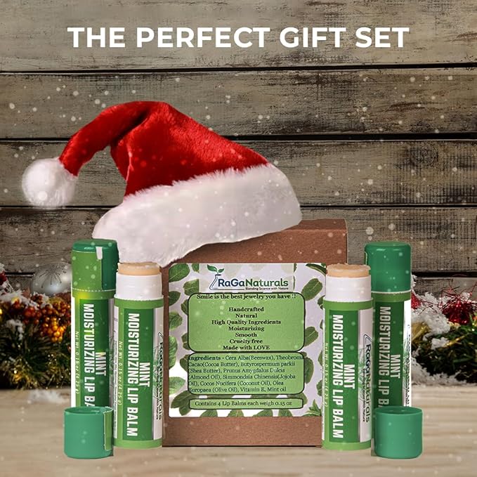 RaGaNaturals Natural Mint Lip Balm - Hydrating Lip Moisturizer for Dry & Cracked Lips with Shea Butter, Cocoa Butter, Vitamin E & Beeswax - Refreshing Mint, Non-Tinted For Wommen, Men & Kids – 4 Pack
