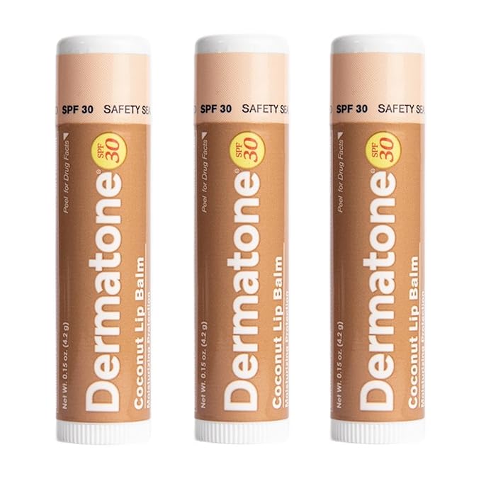 Dermatone Coconut Lip Balm Stocking Stuffer | Moisturizing & Medicated, Aloe & Vitamin E | Chapped and Cracked Lips | SPF 30 | Coconut, 3-Pack 0.15oz sticks