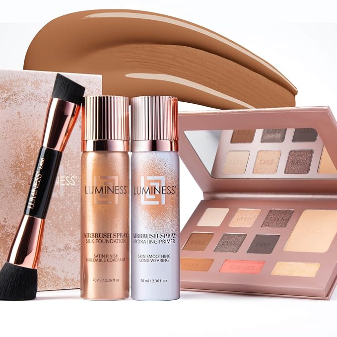 LUMINESS Complete Makeup Kit - Includes Face Palette, Airbrush Foundation, Primer and Brush - Silky, Long-Wearing, Easy to Blend, Perfect Makeup for Older Women, 4-PC Make Up Set (10 - Tan)