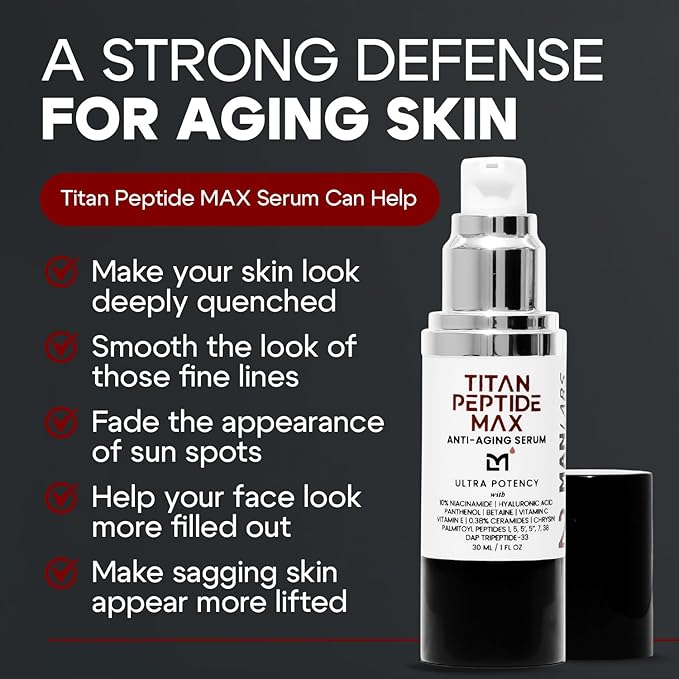 Titan MAX Anti-Aging Peptides Serum for Face – Ultra Potency Mens Peptide Serum Moisturizer – Mens Skin Care – Men, Dark Spots, Wrinkles, Fine Lines – Peptides, 10% Niacinamide, HA –Unscented