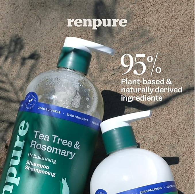 Renpure Tea Tree & Rosemary Shampoo and Conditioner Set, Plant Based - Refreshes & Rebalances Hair and Scalp - For Oily/Normal Hair - Tea Tree Leaf Oil, Rosemary Leaf Extract - 24 Fl Oz each, 2 Pack