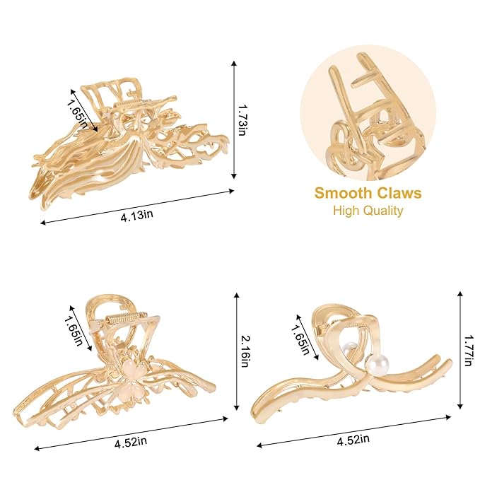 LUKACY 6 Pack Large Metal Hair Claw Clips - 4 Inch, Perfect Big gold Jaw hair clamps for Women and Thinner, Thick hair styling,Strong Hold, Fashion Hair Accessories (Style 5)