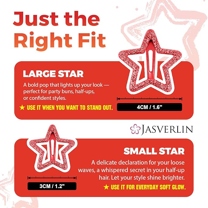 36 Pcs Red Star Hair Clips Accessories for Women Girls, Y2k Kawaii Thin Thick Cute Colorful Metal Snap Barrettes for Rave Glitter Hairclips Mixed Sizes