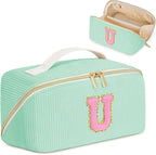 Personalized Initial Makeup Bag, Valentine's Day Gifts for Girls,Preppy Bag Cosmetic Travel Bag Women,Travel Toiletry Organizer,Large Capacity Corduroy Stuff Bag,Cute Cosmetic Pouch Skincare Bag