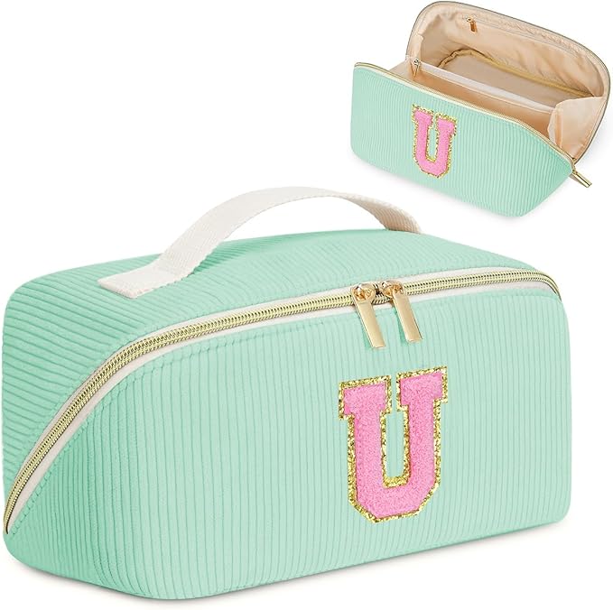 Personalized Initial Makeup Bag, Valentine's Day Gifts for Girls,Preppy Bag Cosmetic Travel Bag Women,Travel Toiletry Organizer,Large Capacity Corduroy Stuff Bag,Cute Cosmetic Pouch Skincare Bag