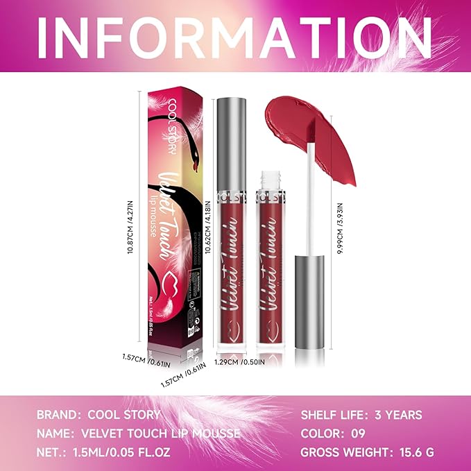 COOL STORY Velvet Lip Stain Mousse, Lip Tint Long-Lasting Waterproof Matte Finish (09)