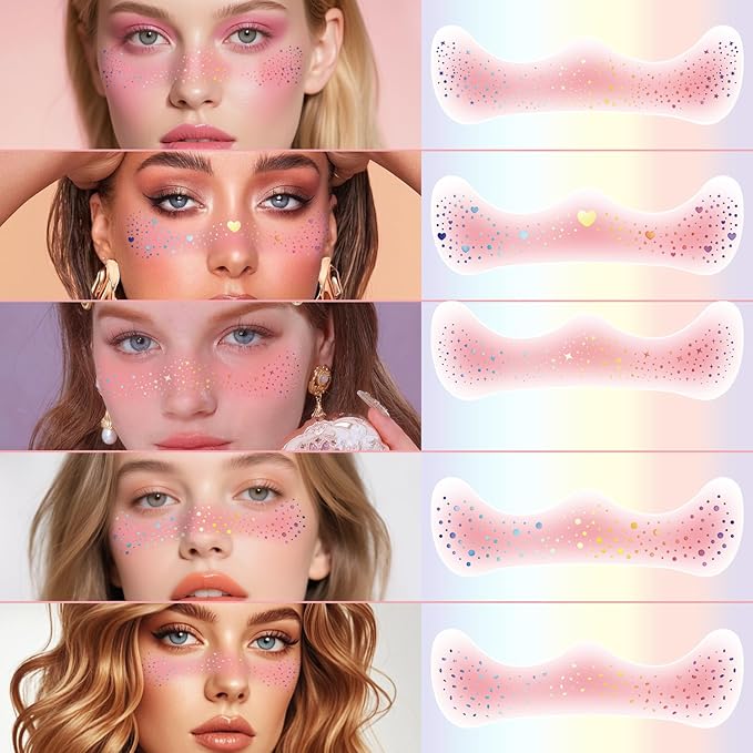 10Pcs Rainbow Face Makeup Patches, Glitter Freckles Face Tattoo for Teenagers & Young Women, Sparkle Freckles Waterproof Face Glitter Freckles for Christmas (10PcsI Blush)