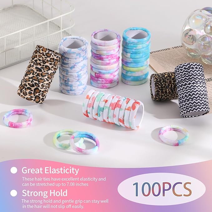 Bessrung 100 PCS No Damage Hair Ties for Women Girls, Soft Seamless Elastic Hair Bands for Ponytails, Thick Thin Hair,Stretchy Snag-Free Nylon Bow Hair Ties Christmas Gift (Leopard Print, Multicolor)