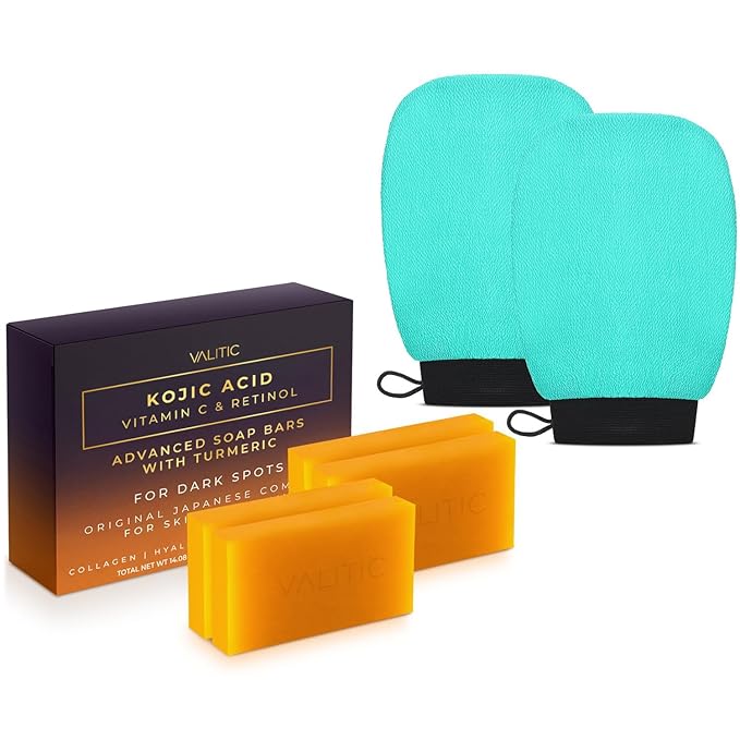 VALITIC 4 Pack Kojic Acid Vitamin C & Retinol Soap Bars for Dark Spot Bundle with 2 Turquoise Exfoliating Gloves for Body Scrubs