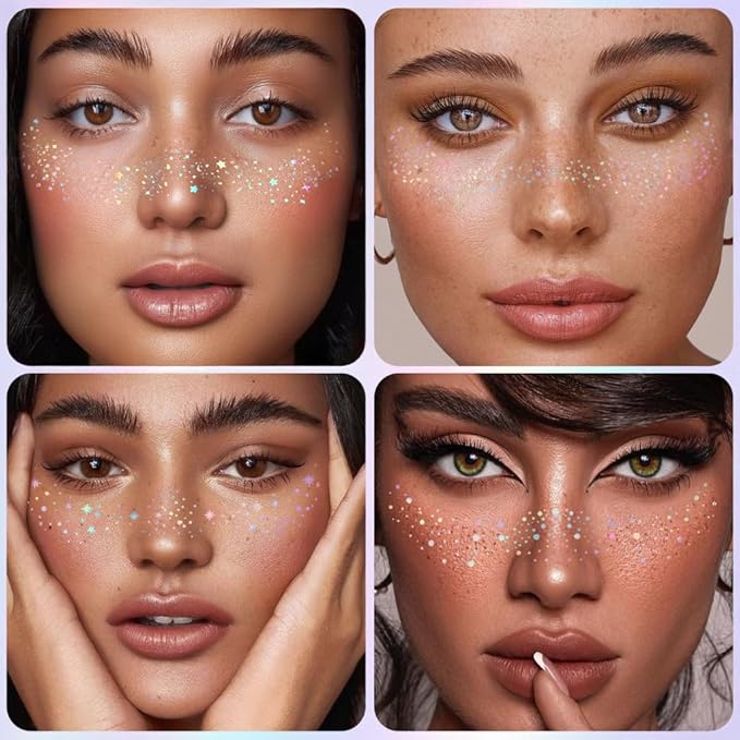 Glitter Freckles, Holographic Face and Body Glitter Tattoo Sparkle for Women Gold Glow Cosmetic Star Makeup Accessories for Festival Rave (Holographic)