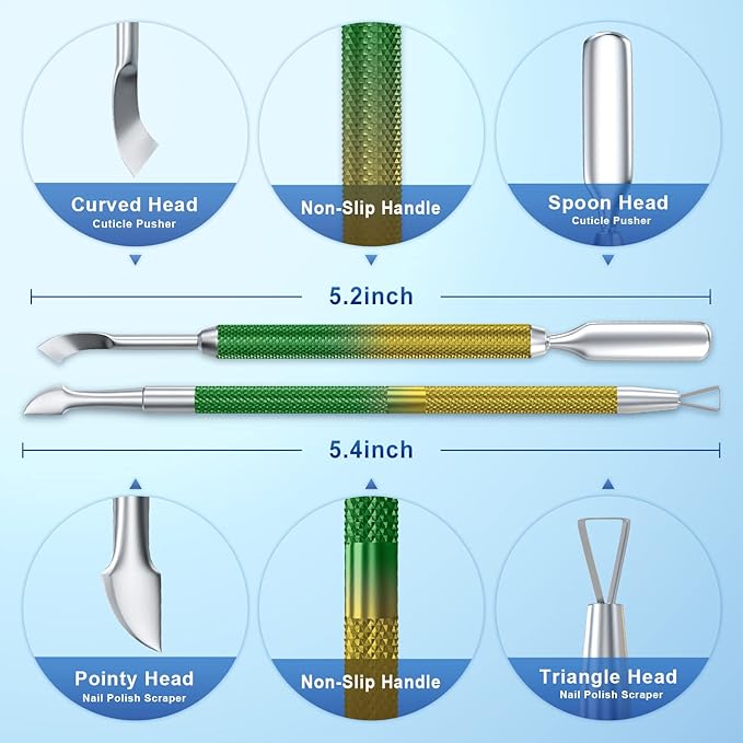 2PCS Metal Yellow-Green Gradient Cuticle Pusher and Cutter Remover Salon Quality Stainless Steel Gel Nail Polish Peeler Scraper Durable Manicure and Pedicure Cleaner Tool For Fingernail and Toenail