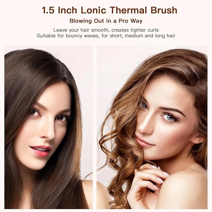 3-in-1 Thermal Brush for Blowout Look, 1.5 inch Heated Round Brush with Ion Detachable Heated, Makes Hair Straightening and Smoother Get Natural Curls, Dual Voltage for Travel, Quick&Easy