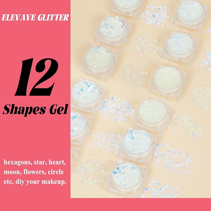 Body Glitter Face Glitter, Hair Glitter for Kids, 12 Shapes Fine Chunky Glitter Gel for Women Girls Makeup Sparkles Party Mermaid Sequins Rave Accessories Festival (White-Gold-Pink-Blue-Green-Red)