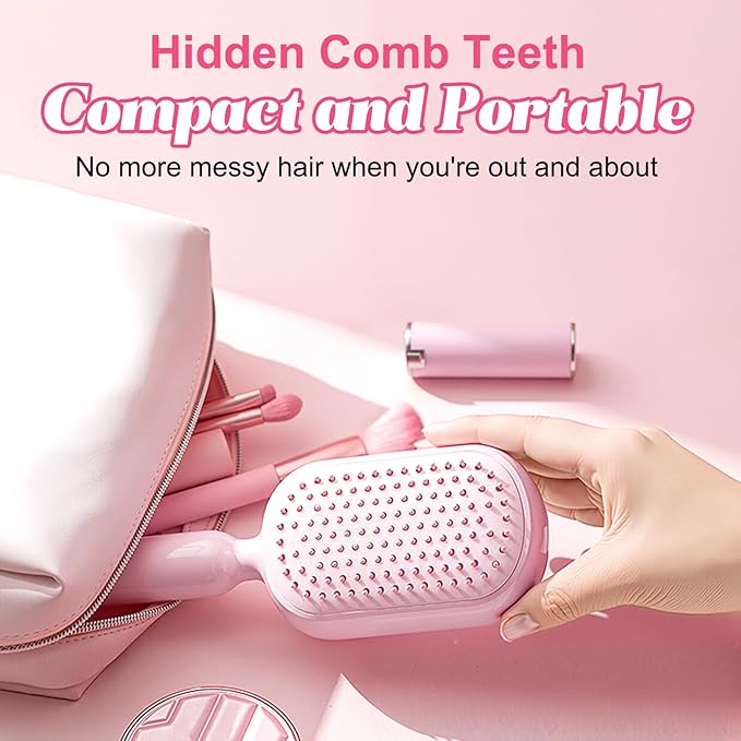 Self Cleaning Hair Brush, Retractable Cushion Massage Comb,Air Cushion Comb,Easy Clean,One-pull Clean Anti Static Brushs, Hairs Styling Tools for All Hairs Types (White)