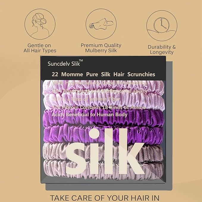 Suncdelv Silk,100% Silk Scrunchies for Hair,22 Momme Hair Ties for Anti-Crease & Breakage,Natural Women Hair Accessories，Fashion Hairbands 6PCS（Purple Gradient）