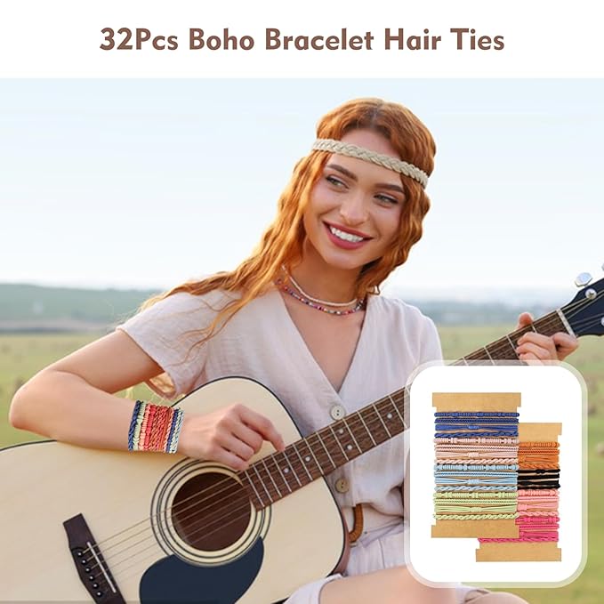 32Pcs Boho Bracelet Hair Ties, No Damage Elastic Bracelets, Brownsoft Hair Ties Accessories for Girls and Women Cute Bands for Thick or Thin Hair