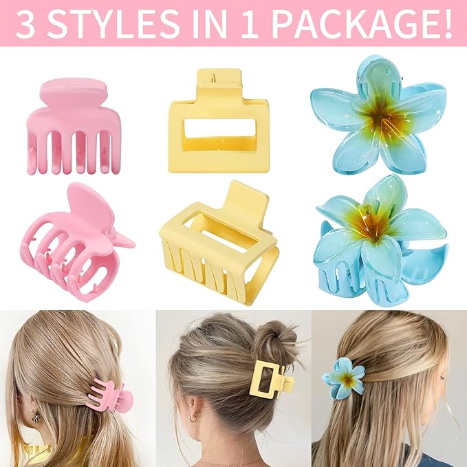 3 Styles Medium Hair Clips for Women 9 Pcs Small Claw Clips for Thin Hair Flower Hair Clips for Thick Hair Square Hair Claw Clips for Girls Hawaiian Plumeria Hair Accessories for Women (Pink)