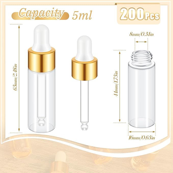 200 Pcs Mini Glass Oil Dropper Bottle Bulk, Clear Essential Small Empty Bottles Sample Containers Perfume Liquid Vials with Cap for Traveling (5 ml,Gold)