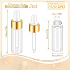 200 Pcs Mini Glass Oil Dropper Bottle Bulk, Clear Essential Small Empty Bottles Sample Containers Perfume Liquid Vials with Cap for Traveling (5 ml,Gold)