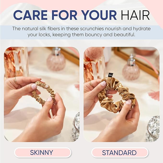 Blissy Silk Scrunchies (3 Pack) - 100% Pure Mulberry Silk - 22 Momme 6A High-Grade Fibers Scrunchie for Straight & Curly Hair - Preventing Breakage, Tangling, & Creasing (Gold Skinny)