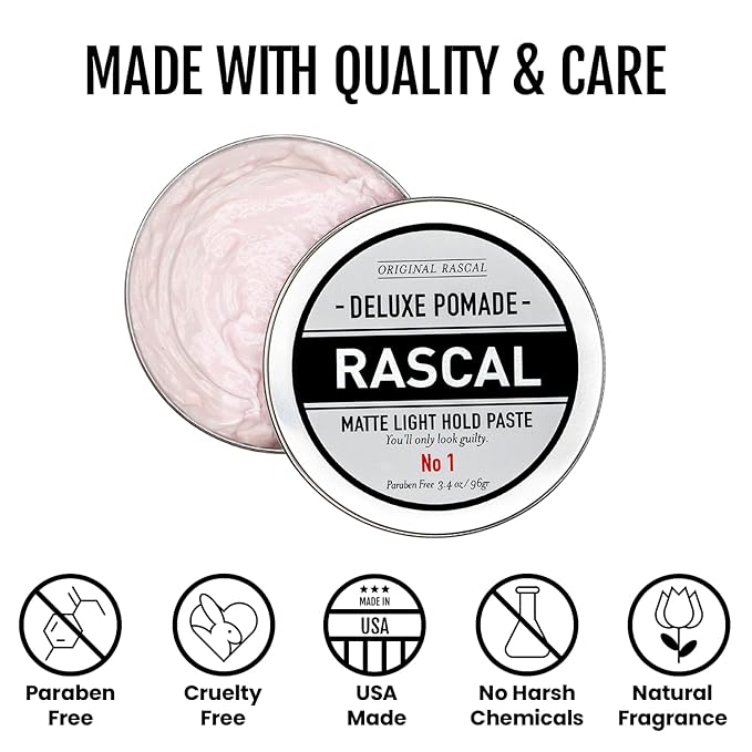 Original Rascal Deluxe Pomade for Men #1 - Matte Hair Paste with Light Hold & Shine - Men's Styling Dry Care Solution Product for All Hair Types - Natural Infused with Beeswax & Grapeseed Oil - 3.4 oz