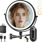 9" Wall Mounted Lighted Makeup Mirror,4000mAh Rechargeable Double Sided 1X/10X Magnifying Mirror with Light,3 Color Lights,Touch Dimmable,Extended Arm 360 Rotation Wall Mounted Makeup Mirror