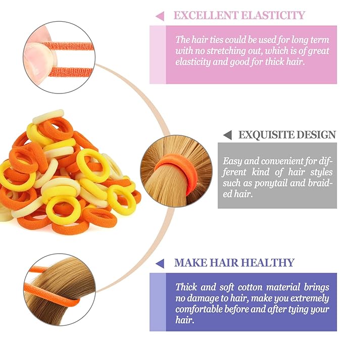 100PCS Hair Ties for Women And Kids, Seamless Thick Hair Bands, Elastic Baby Hair Ties No Damage Ponytail Holder, Cotton Toddler Hair Tie, No Crease Small Hair Tie For Toddler Girls (Orange)